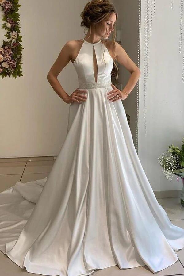 NumberSea Satin A-line Halter Backless Wedding Dress, Bridal Gown With Beaded Belt