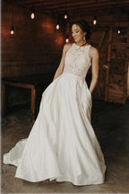 Vestido de novia NumberSea de satén, corte A, con cuello halter, encaje y cola larga, MW778