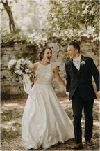 Vestido de novia NumberSea de satén, corte A, con cuello halter, encaje y cola larga, MW778