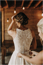 Vestido de novia NumberSea de satén, corte A, con cuello halter, encaje y cola larga, MW778