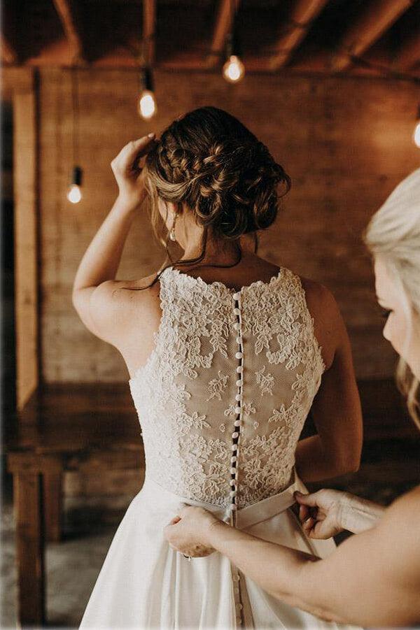 Vestido de novia NumberSea de satén, corte A, encaje, ilusión, cuello halter y cola larga, MW611