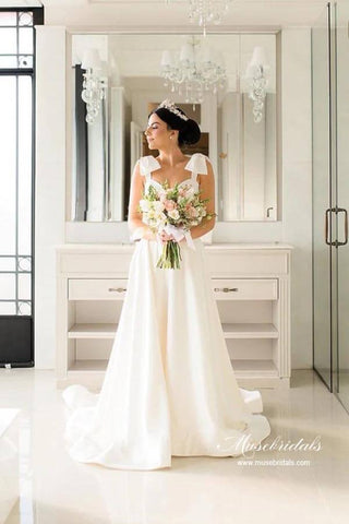 NumberSea Satin A-line Sweetheart Court Train Wedding Dresses With Bowtie Straps, MW882