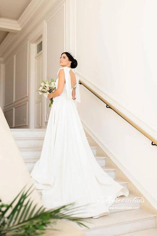 NumberSea Satin A-line Sweetheart Court Train Wedding Dresses With Bowtie Straps, MW882