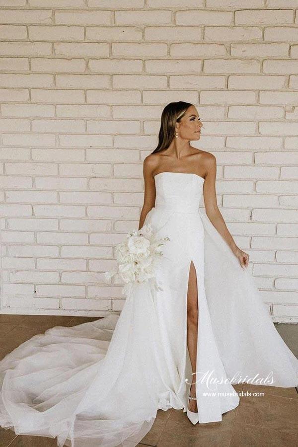 Vestido de novia sencillo NumberSea de satén con cuentas, sin tirantes y abertura lateral, MW928