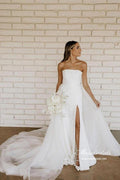 Vestido de novia sencillo NumberSea de satén con cuentas, sin tirantes y abertura lateral, MW928