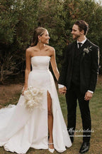 Vestido de novia sencillo NumberSea de satén con cuentas, sin tirantes y abertura lateral, MW928
