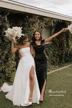 Vestido de novia sencillo NumberSea de satén con cuentas, sin tirantes y abertura lateral, MW928