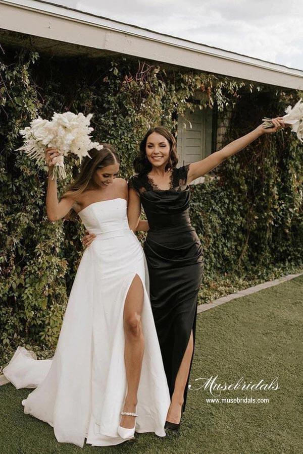 Vestido de novia sencillo NumberSea de satén con cuentas, sin tirantes y abertura lateral, MW928