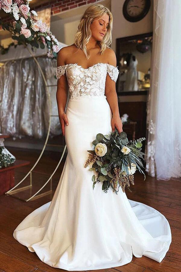 Vestidos de novia NumberSea de satén, encaje, corte sirena, hombros descubiertos, MW754