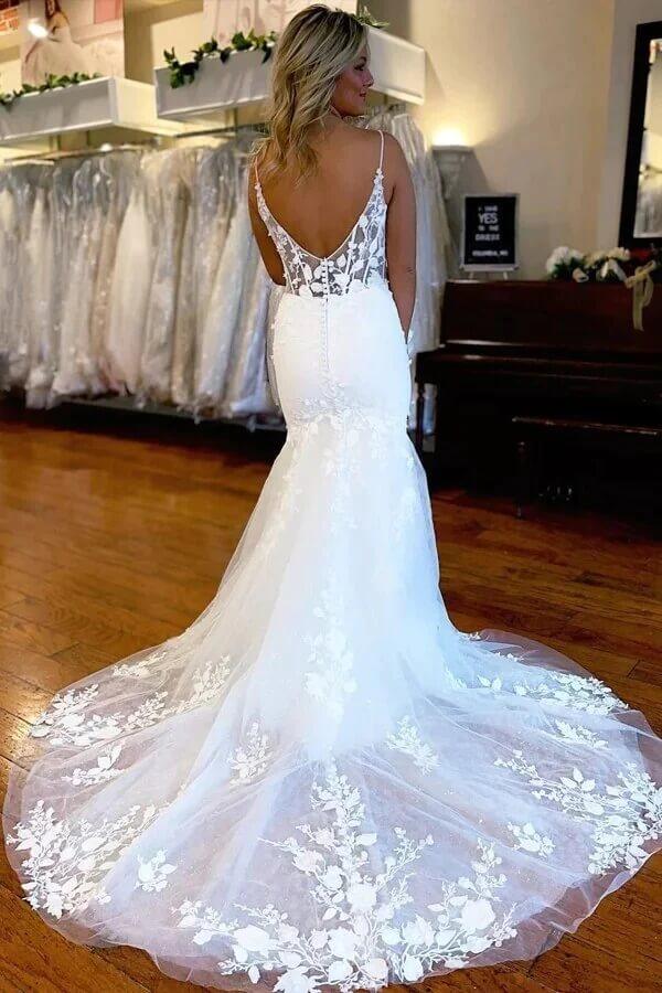 NumberSea Satin Mermaid Lace Appliques Wedding Dresses With Slit, Bridal Gowns