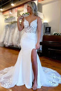 NumberSea Satin Mermaid Lace Appliques Wedding Dresses With Slit, Bridal Gowns