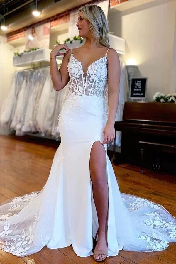 NumberSea Satin Mermaid Lace Appliques Wedding Dresses With Slit, Bridal Gowns