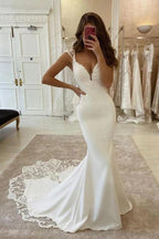 NumberSea Satin Mermaid Lace V-neck Cap Sleeves Wedding Dresses With Appliques