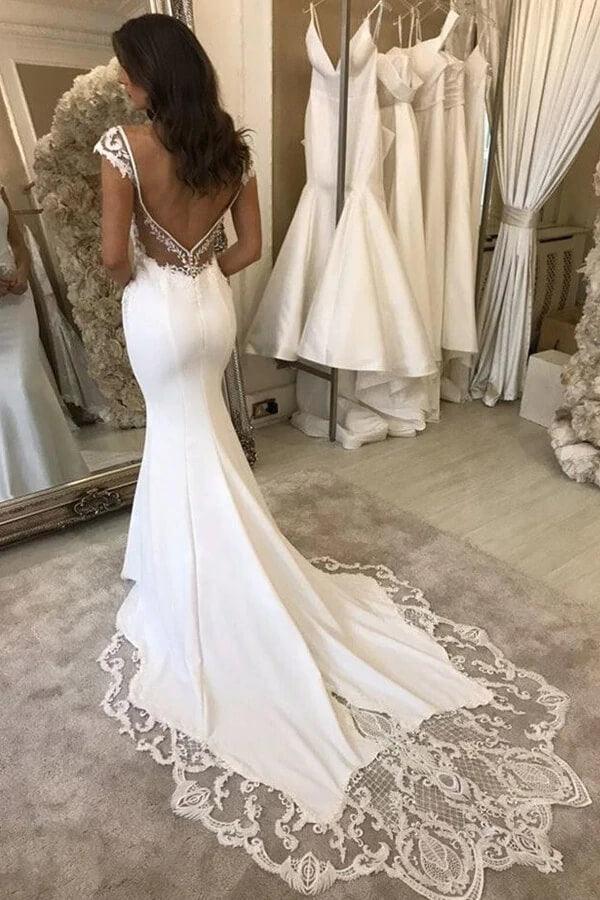 NumberSea Satin Mermaid Lace V-neck Cap Sleeves Wedding Dresses With Appliques