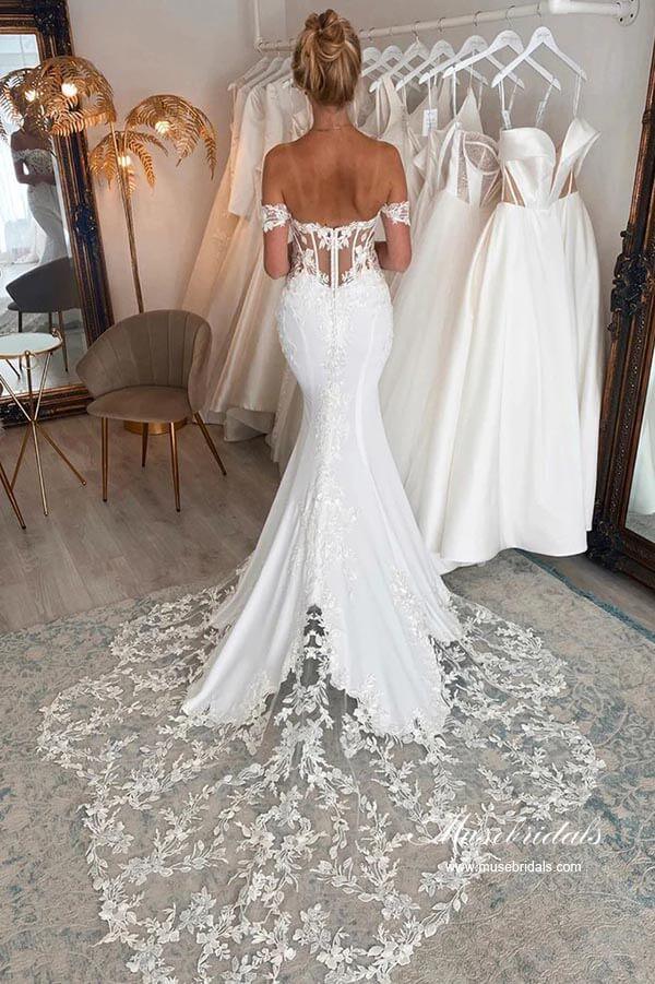 Vestido de novia NumberSea de satén, corte sirena, hombros descubiertos y apliques de encaje, MW872