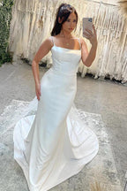 NumberSea Satin Mermaid Spaghetti Straps Court Train Wedding Dresses, Bridal Gown