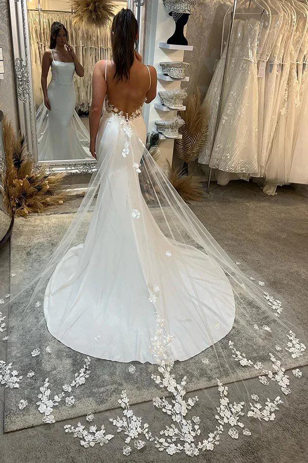 Vestido de novia NumberSea de satén con escote sirena, tirantes finos y cola de corte, MW903