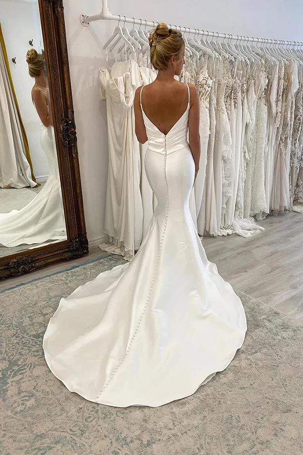 Vestido de novia NumberSea de satén con escote sirena y tirantes finos plisado, MW896