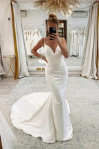 Vestido de novia NumberSea de satén con escote sirena y tirantes finos plisado, MW896
