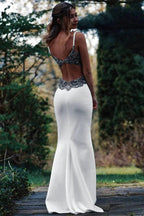 Vestido de novia NumberSea de satén estilo sirena, con tirantes finos, escote en V y apliques, MW1021