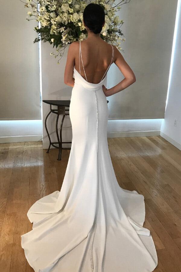 Vestido de novia NumberSea de satén estilo sirena con tirantes finos, escote en V y cola, MW670