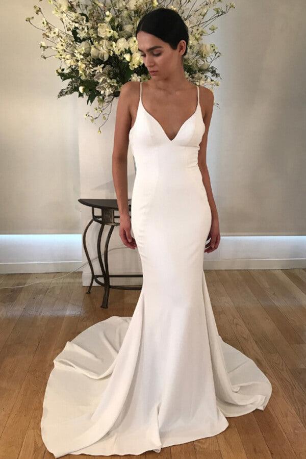 Vestido de novia NumberSea de satén estilo sirena con tirantes finos, escote en V y cola, MW670