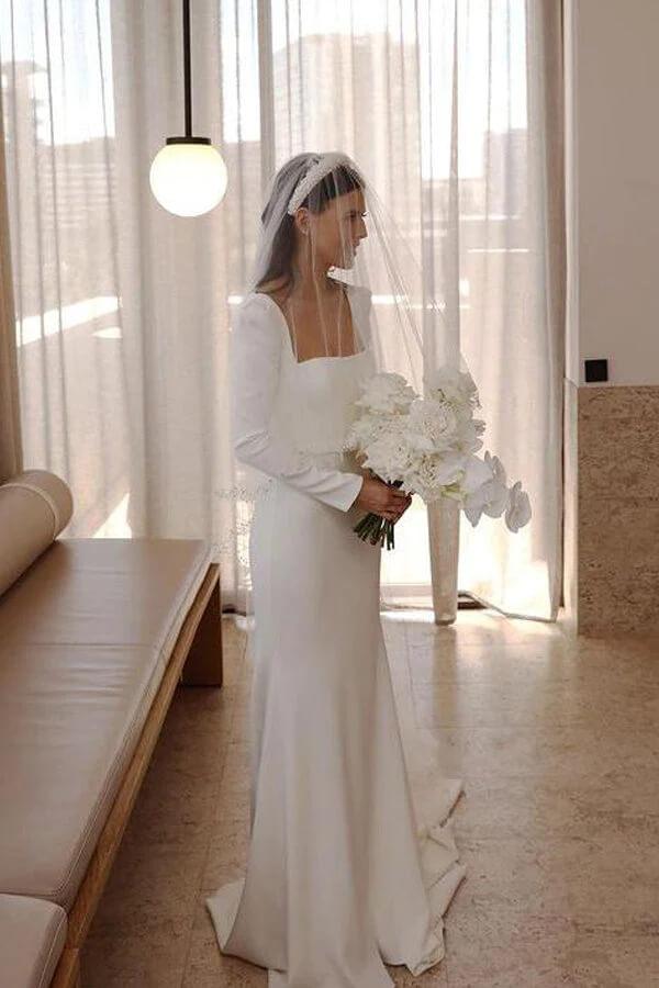 NumberSea Satin Sheath Long Sleeves Wedding Dresses With Train, Wedding Gowns, MW855