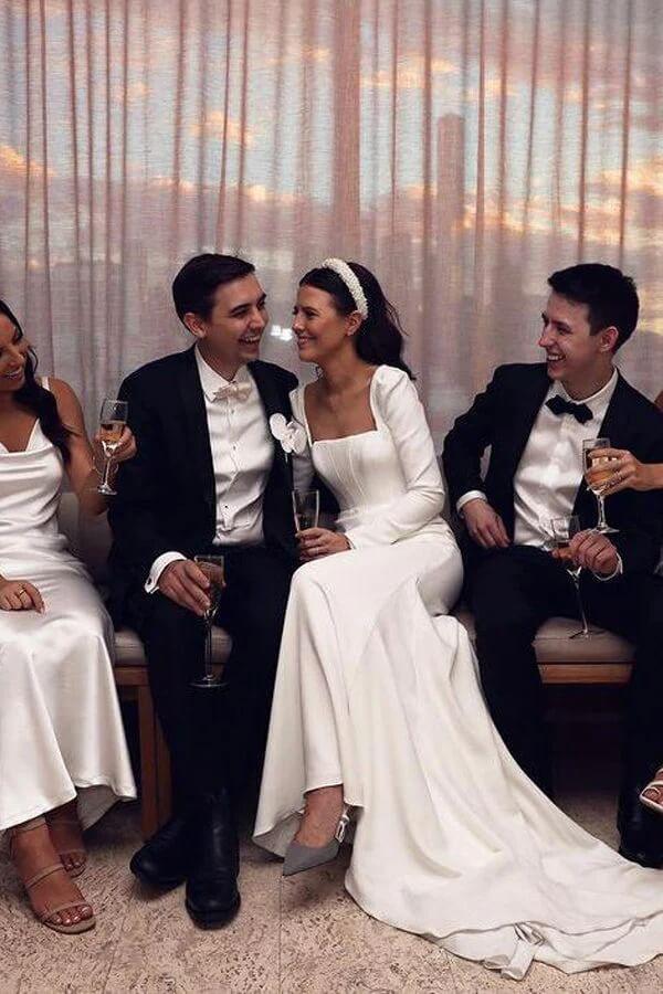 NumberSea Satin Sheath Long Sleeves Wedding Dresses With Train, Wedding Gowns, MW855