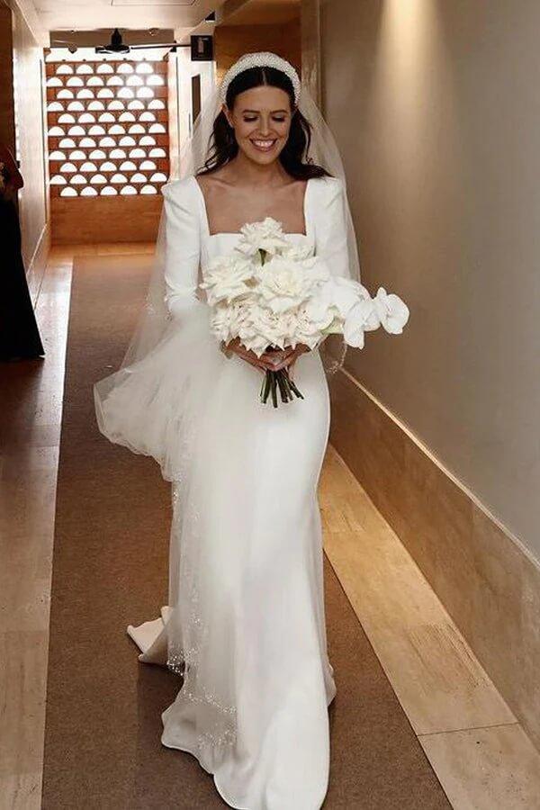 NumberSea Satin Sheath Long Sleeves Wedding Dresses With Train, Wedding Gowns, MW855