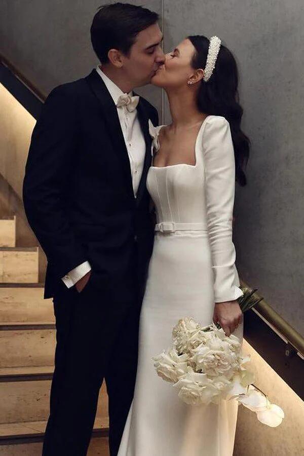 NumberSea Satin Sheath Long Sleeves Wedding Dresses With Train, Wedding Gowns, MW855