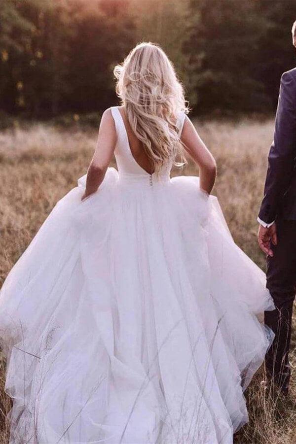NumberSea Satin Tulle A-Line Bateau Sleeveless Wedding Dresses With Bow