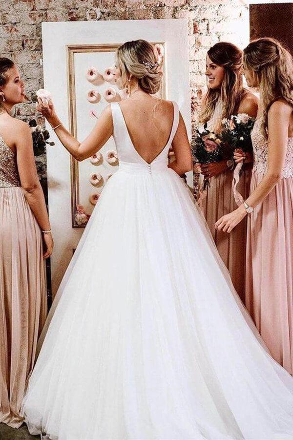 NumberSea Satin Tulle A-Line Bateau Sleeveless Wedding Dresses With Bow