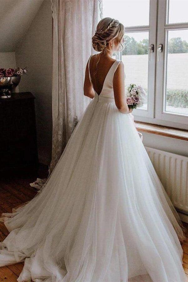 NumberSea Satin Tulle A-Line Bateau Sleeveless Wedding Dresses With Bow