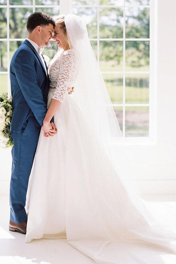 Vestido de novia NumberSea de satén de dos piezas con media manga y parte superior de encaje, MW990