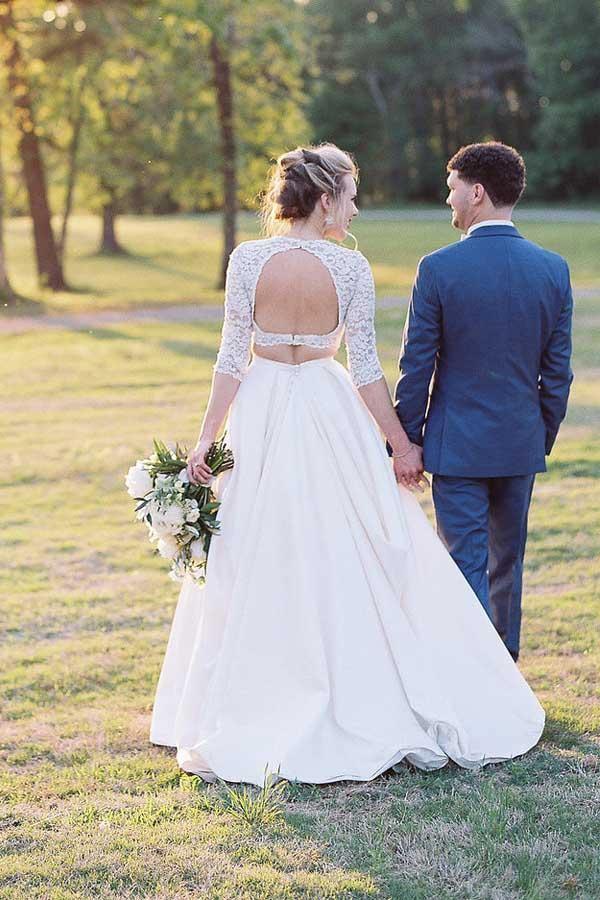 Vestido de novia NumberSea de satén de dos piezas con media manga y parte superior de encaje, MW990