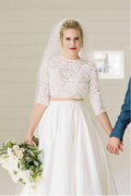 Vestido de novia NumberSea de satén de dos piezas con media manga y parte superior de encaje, MW990