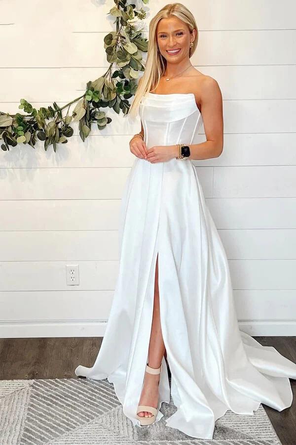 Vestido de novia NumberSea de satén, corte A, sin tirantes, sencillo, con abertura, MW1022