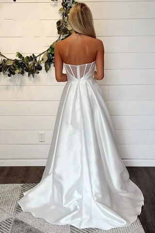 NumberSea Satin A-line Strapless Simple Wedding Dresses With Slit, Bridal Gown, MW1022