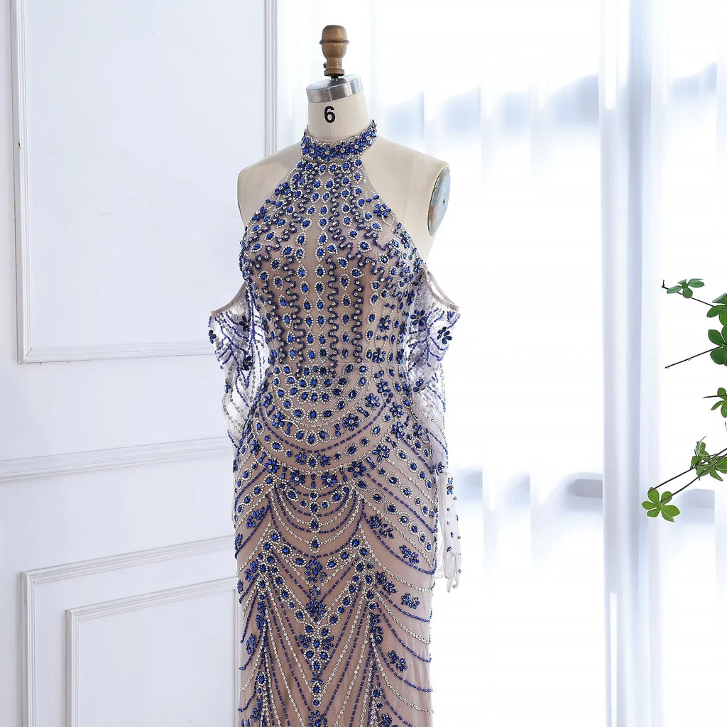 Vestido de noche azul de lujo Kosovo con guantes