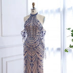 Vestido de noche azul de lujo Kosovo con guantes
