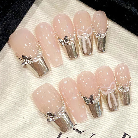 10pcs Handmade French Tips False Nail Medium Length Coffin Fake Nails Metal Butterfly Pearl Bowknots Designs Press On Nails