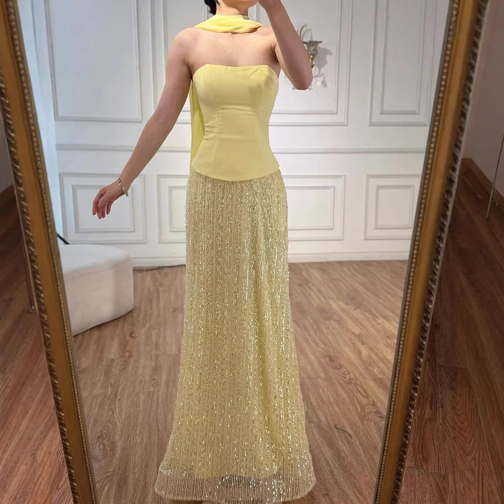 Vestido de noche de sirena de chifón amarillo de lujo con capa LA73007