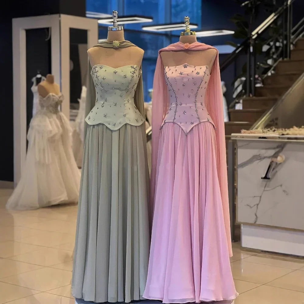 Elegante vestido de noche de chifón color verde salvia corte A
