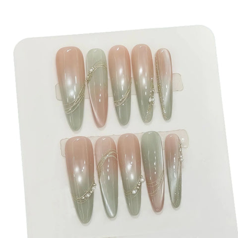 10pcs Green Grapefruit Color Press On Nails Handmade Ice Transparent Cat Eye Fake Nail Simple Light Luxury False Nail For Spring