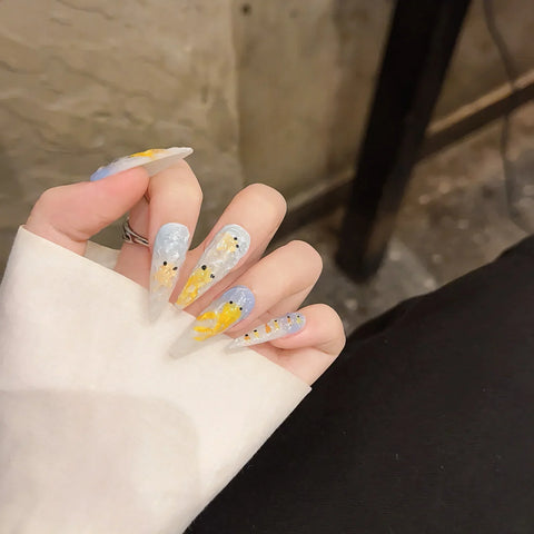 10pcs Long stiletto Press On Nails Gradient Blue Yellow Cat's Eye Handmade False Nails Hand Painted Goldfish Designs Fake Nail
