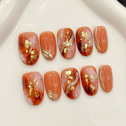 10pcs Handmade Press On Nails Smudging Orange Shiny Gold Foil Designs Fake Nails Court Style Japenese False Nail For Women Girls