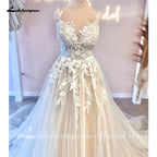 Vestidos de novia de encaje floral de princesa NumberSea para mujer, color champán, estilo bohemio, con cola de corte 