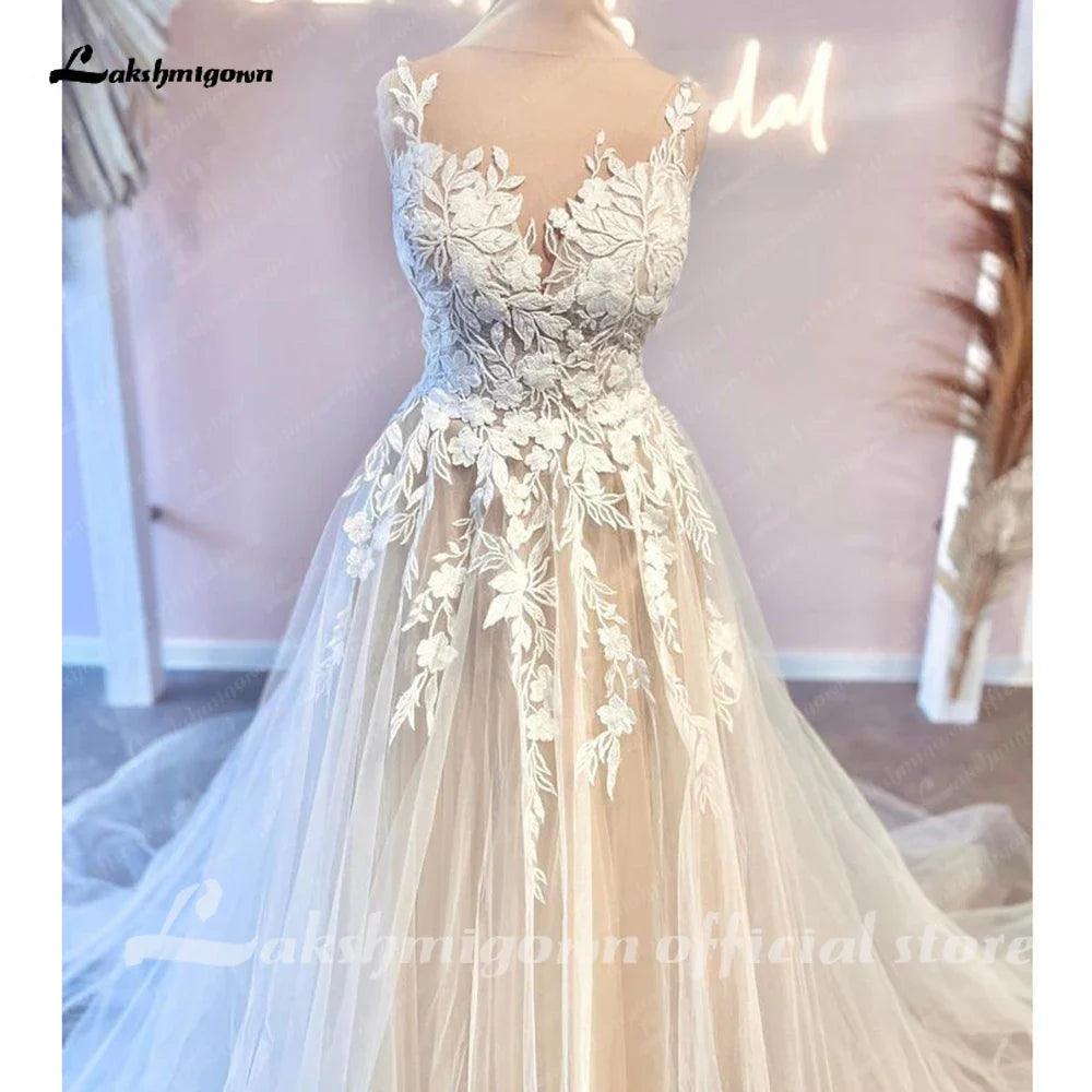 Vestidos de novia de encaje floral de princesa NumberSea para mujer, color champán, estilo bohemio, con cola de corte 
