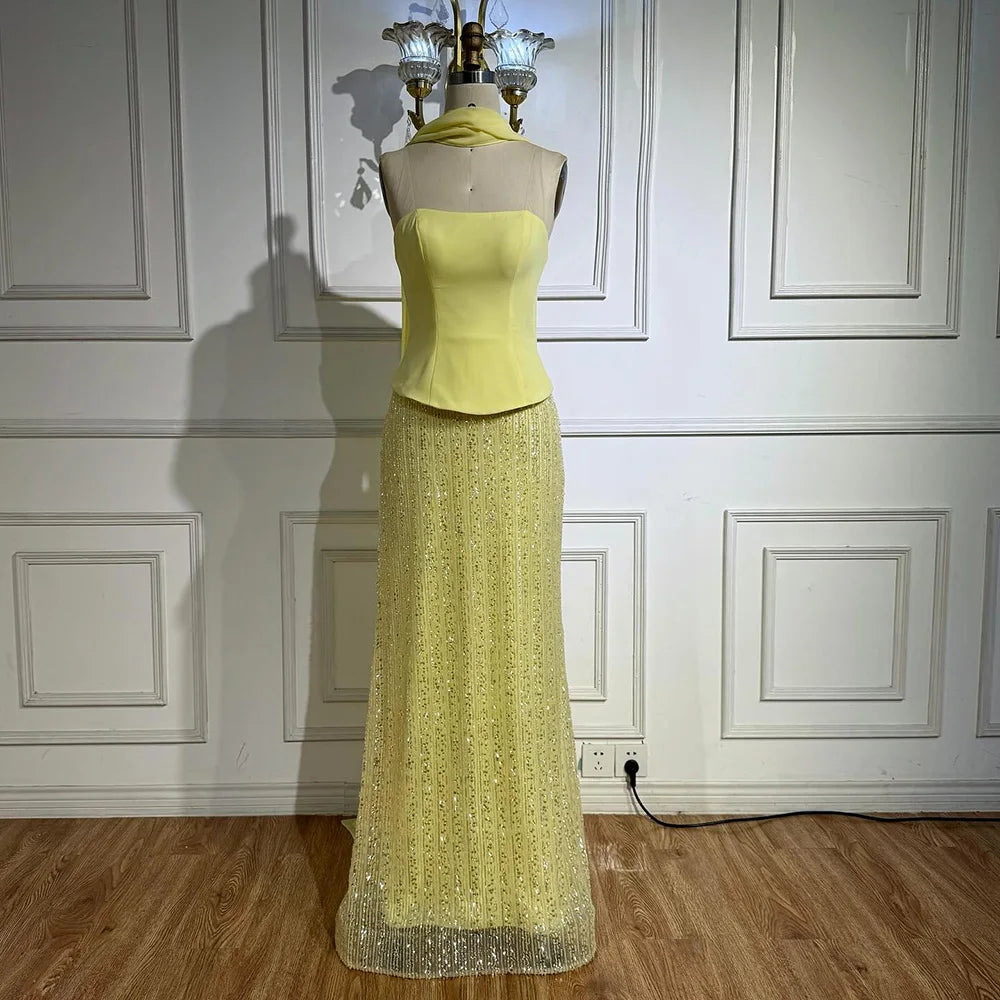 Vestido de noche de sirena de chifón amarillo de lujo con capa LA73007