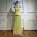 Vestido de noche de sirena de chifón amarillo de lujo con capa LA73007
